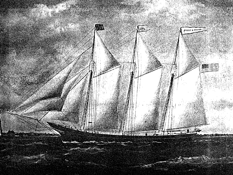 Large ships, such as this three-masted schooner launched from Milford, were built in Sussex County shipyards. UNIVERSITY OF DELAWARE ARTWORK
